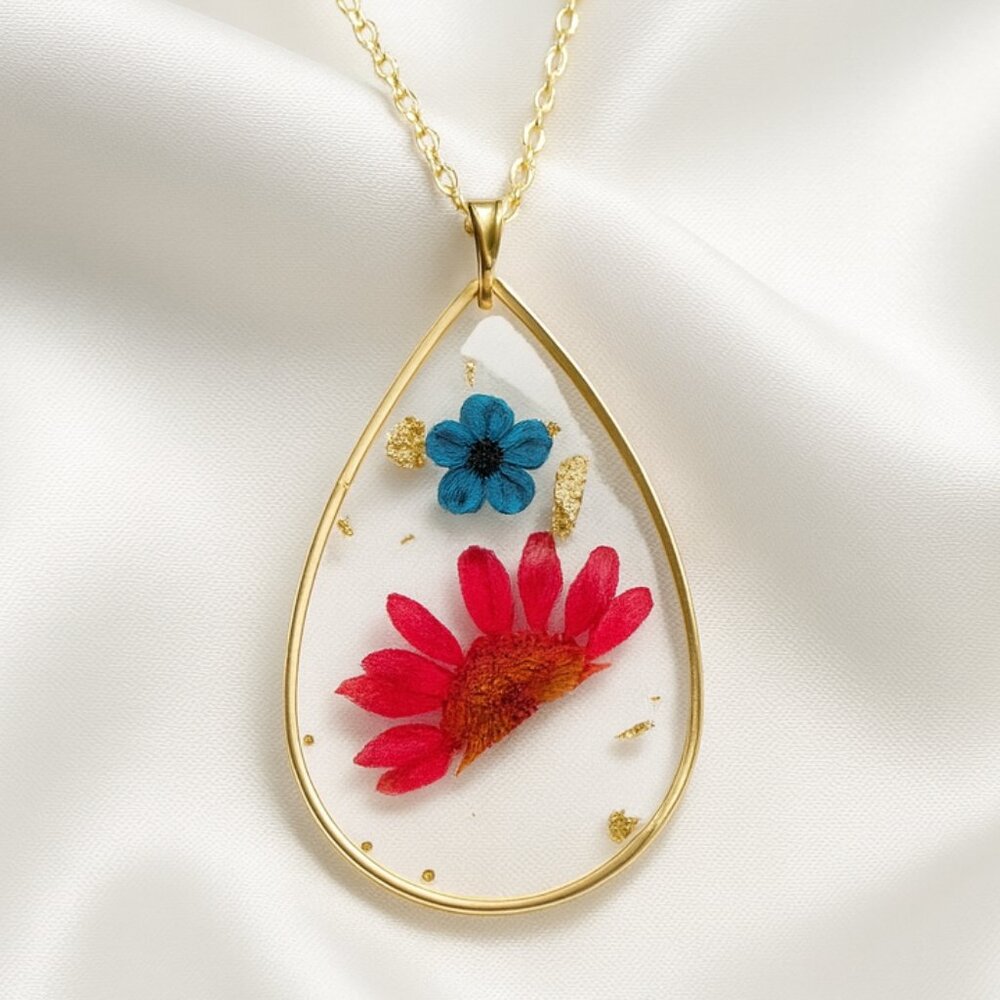Teardrop Resin Pendant Necklace w/ Pressed Flowers & Gold Flakes Women's Jewery